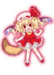  animal_ears ascot blonde_hair bloomers blush bobby_socks chibi chourui_(artist) fangs flandre_scarlet fox_ears fox_tail halftone halftone_background hat highres kemonomimi_mode kitsunemimi open_mouth ponytail red_eyes short_hair side_ponytail skirt skirt_set socks solo tail touhou wings yukarigawa_yumiya 