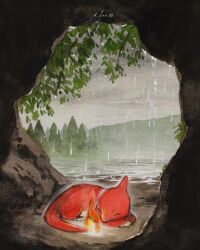  cave_interior charmeleon claws closed_eyes commentary fire flame-tipped_tail full_body highres leaf making-of_available mofinngram no_humans painting_(medium) pokemon pokemon_(creature) pokemon_focus rain signature sky solo tail traditional_media tree untranslatable_commentary watercolor_(medium) 