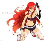  1girl bad_id bare_shoulders belt breasts bruise cleavage deirn front-tie_top gun hair_down handgun injury kiui long_hair midriff pink_legwear pink_thighhighs red_hair redhead shorts solo stare studded_belt studded_bracelet tengen_toppa_gurren_lagann thighhighs torn_clothes underboob very_long_hair weapon yellow_eyes yoko_littner yoko_ritona 