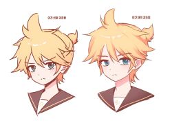  1boy antenna_hair bass_clef black_sailor_collar blonde_hair blue_eyes blush collarbone commentary_request comparison double-parted_bangs frown g_hana hair_between_eyes kagamine_len korean_commentary korean_text multiple_views ponytail portrait sailor_collar short_hair short_ponytail sidelocks simple_background vocaloid white_background 