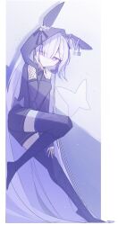  1girl absurdly_long_hair absurdres alternate_costume animal_hood black_hair black_hood black_thighhighs border closed_mouth commentary_request fishnet_sleeves fishnets hair_over_one_eye highres hood icetreset873 long_hair looking_at_viewer mahou_shoujo_no_majo_saiban natsume_an-an navel rabbit_hood solo standing thigh-highs very_long_hair violet_eyes white_border white_hair 
