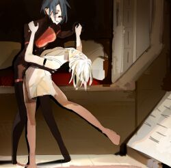  2girls ^_^ android ariane_yeong blue_eyes closed_eyes commentary dancing dress elster_(signalis) english_commentary hand_on_another's_back highres holding_hands indoors kirakis multiple_girls open_mouth short_hair signalis sketch sleeveless sleeveless_dress smile white_dress white_hair yuri 