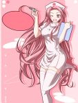  breasts clipboard duplicate hat kikuchi_tsutomu long_hair nurse nurse_cap pink_eyes pink_hair syringe thigh-highs very_long_hair wink 
