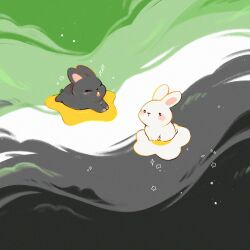  ^_^ animal animal_focus aromantic_flag artist_name black_background black_eyes black_rabbit_(animal) blush_stickers closed_eyes commentary downwards_triangle_mouth english_commentary film_grain flag_background flower green_background grey_background highres lgbt_pride no_humans on_flower open_mouth original procreate_(medium) rabbit solid_circle_eyes sonshine_arts sparkle star_(symbol) striped_background teeth triangle_mouth upper_teeth_only white_background white_flower white_rabbit_(animal) 