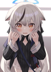  1girl animal_ears backlighting black_dress black_jacket black_streaks blue_archive blue_halo blush brown_eyes china_dress chinese_clothes clenched_hands clothing_cutout commentary_request cowboy_shot diamond_cutout dress ears_down fuka_kurotsuji furrowed_brow grey_hair hair_between_eyes halo hands_up highres jacket kokona_(blue_archive) long_hair long_sleeves looking_at_viewer miniskirt multicolored_hair open_clothes open_jacket open_mouth pleated_skirt shy sidelocks single_bare_shoulder skirt sleeveless sleeveless_dress solo streaked_hair striped_clothes striped_dress striped_jacket tiger_ears tiger_girl vertical-striped_clothes vertical-striped_dress vertical-striped_jacket very_long_hair wavy_mouth white_skirt wide_sleeves 