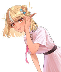  1girl adjusting_hair aiguillette arm_up belt blonde_hair blue_bow blush bow brown_belt chain collared_dress cowboy_shot crossed_bangs dark-skinned_female dark_elf dark_skin dot_nose dress elf floating_hair flower flower_hairpin hair_bow hair_flower hair_ornament hair_rings hand_on_own_thigh high-waist_belt highres hololive leaning_forward long_pointy_ears looking_at_viewer looking_to_the_side medium_hair multicolored_hair necktie official_alternate_costume official_alternate_hairstyle open_mouth orange_eyes parted_bangs pink_dress pointy_ears raised_eyebrows red_necktie shino_12a shiranui_flare shiranui_flare_(hoodie) short_sleeves side_part sidelocks simple_background single_hair_ring smile solo sparkle sparkling_aura streaked_hair swept_bangs two-tone_hair virtual_youtuber white_background white_flower white_streaks 