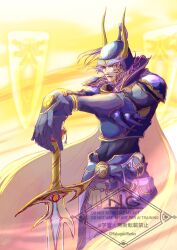  1boy armor colored_eyelashes commentary_request fake_horns final_fantasy final_fantasy_i gloves grey_background grey_eyes grey_hair helmet highres holding holding_sword holding_weapon horned_helmet horns long_hair male_focus ornate_armor ornate_clothes parted_lips planted planted_sword rakugaki_wanko shield shoulder_armor signature solo sword upper_body warrior_of_light_(ff1) wavy_hair weapon white_gloves 