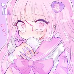  1girl bandaged_arm bandages bandaid bandaid_on_finger bandaid_on_hand biting blonde_hair blood blood_on_face blush bow bowtie cellphone commentary crying crying_with_eyes_open from_above heart heart_in_eye highres holding holding_phone original phone pink_background pink_bow pink_bowtie pink_eyes pink_sailor_collar pink_skirt pink_theme pleated_skirt ryan_akumu sailor_collar school_uniform serafuku short_sleeves simple_background skirt smartphone symbol_in_eye tears two_side_up white_serafuku yami_kawaii yandere 
