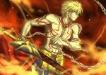  armor blonde_hair chain ea_(fate/stay_night) fate/hollow_ataraxia fate/stay_night fate_(series) fire gilgamesh hitoha male red_eyes shirtless solo sword tattoo weapon 