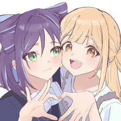  2girls blonde_hair blue_shirt brown_eyes cho_kaguya-hime! commentary cone_hair_bun fang hair_bun headphones headphones_around_neck heart heart_hands heart_hands_duo highres kaguya_(cho_kaguya-hime!) long_hair medium_hair multiple_girls nail_polish one_eye_closed orange_nails purple_hair sakayori_iroha shirt simple_background soraneko_maru teeth upper_teeth_only violet_eyes white_background white_shirt 