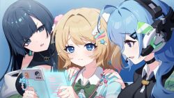  3girls ahoge aqua_cardigan aqua_nails artist_request black_choker black_hair black_shirt black_sweater blonde_hair blue_eyes blue_hair bow bowtie cardigan choker cleavage_cutout closed_mouth clothing_cutout earrings evi_leenhardt flute_melville game_asset green_bow green_bowtie hair_ornament hairclip hand_on_another's_shoulder headset holding holding_phone jewelry lanyard long_hair multiple_girls muv-luv muv-luv_girls_garden nail_polish necklace official_art open_mouth phone pom_pom_(clothes) pom_pom_hair_ornament rosie_hughes shirt sleeveless sleeveless_sweater star_(symbol) star_hair_ornament sweater third-party_source two_side_up upper_body violet_eyes 
