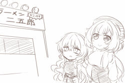  beret breasts coat commentary_request dress elf elysia_(honkai_impact) greyscale hat honkai_(series) honkai_impact_3rd large_breasts long_hair mobius_(honkai_impact) monochrome nabeiro_kin pointy_ears small_breasts smile very_long_hair 