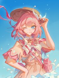  1girl ;) absurdres alternate_costume blue_eyes blue_sky bow bowtie breasts chinese_commentary commentary_request cyrene_(honkai:_star_rail) cyrene_(philia093)_(honkai:_star_rail) dress furioso hand_on_headwear highres honkai:_star_rail honkai_(series) looking_at_viewer medium_hair multicolored_hair one_eye_closed pink_dress pink_hair sky small_breasts smile solo two-tone_hair white_bow white_bowtie white_hair 