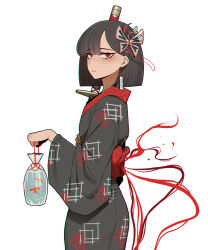  1girl back_bow black_hair black_kimono bob_cut bow cowboy_shot fish goldfish highres japanese_clothes katana kimono limbus_company looking_at_viewer misg1111 parted_lips project_moon red_bow red_eyes ryoshu_(project_moon) short_hair simple_background solo sword weapon white_background wide_sleeves 