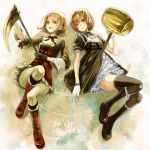  2girls boots brown_eyes brown_hair dress female_protagonist_(harvest_moon_animal_parade) gloves hammer harvest_moon harvest_moon_animal_parade harvest_moon_tree_of_tranquility legs lips lolita_fashion lying molly_(harvest_moon) multiple_girls ribbon routemoc short_hair sickle thigh-highs thighhighs 