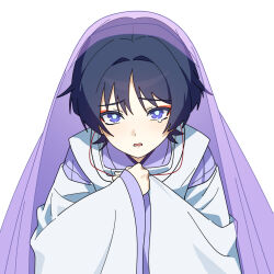  1boy black_hair blue_pupils blunt_ends clenched_hands commentary_request eyeliner genshin_impact hag_(hag_015) hair_intakes hands_on_own_chest highres japanese_clothes kariginu kimono layered_sleeves long_sleeves looking_at_viewer makeup male_focus portrait purple_kimono purple_sleeves purple_veil red_eyeliner scaramouche_(genshin_impact) see-through_clothes see-through_veil solo straight-on string tearing_up tears tsurime veil violet_eyes wanderer_(genshin_impact) wavy_eyes white_background white_sleeves wide_sleeves wispy_bangs 