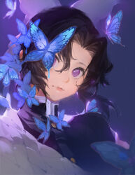  1girl black_hair black_jacket blue_butterfly bug butterfly butterfly_hair_ornament checkered_haori chinese_commentary closed_mouth commentary_request curtained_hair demon_slayer_uniform gold_buttons hair_ornament haori high_collar highres jacket japanese_clothes kimetsu_no_yaiba kochou_shinobu lipgloss looking_at_viewer one_eye_covered portrait purple_background short_hair simple_background sola7764 solo updo violet_eyes 