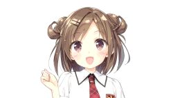  1girl :d blush brown_hair corrected_aspect_ratio dot_nose double_bun emblem game_asset hair_bun hair_ornament hairclip hand_up highres looking_at_viewer marikawa_kumi necktie non-web_source official_art open_mouth plaid_clothes plaid_necktie red_necktie resized school_star_dream! school_uniform self-datamine shirt short_hair simple_background smile solo swept_bangs transparent_background upper_body white_shirt 