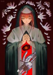  1girl absurdres artist_name blac66 black_veil chainsaw_man closed_mouth commentary cowboy_shot disembodied_hand english_commentary highres jewelry looking_at_viewer makima_(chainsaw_man) medium_hair necklace nun nun_headdress own_hands_together red_hair ringed_eyes smile solo standing traditional_nun veil wide_sleeves yellow_eyes 