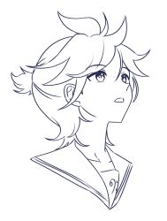  1boy antenna_hair bass_clef collarbone commentary_request cropped_torso d: double-parted_bangs g_hana greyscale hair_between_eyes kagamine_len korean_commentary lineart looking_up male_focus monochrome open_mouth ponytail portrait sailor_collar short_hair short_ponytail sidelocks simple_background sketch solo vocaloid 