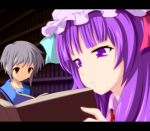  book brown_eyes crossover hat j-unit_(lilykiss) long_hair multiple_girls nagato_yuki patchouli_knowledge purple_eyes purple_hair reading short_hair silver_hair suzumiya_haruhi_no_yuuutsu touhou violet_eyes 