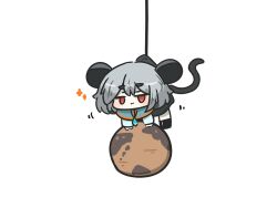  1girl :3 animal_ears black_boots black_dress blue_capelet blush boots capelet chibi closed_mouth commentary_request cookie dress food highres holding holding_food looking_at_viewer motion_lines mouse_ears mouse_girl mouse_tail nazrin red_eyes shirt short_eyebrows simple_background solo sparkle tail thick_eyebrows touhou uni_souchou white_background white_shirt 