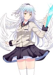  1girl absurdres adapted_costume angel angel_beats! angel_wings arm_blade black_skirt buttons character_name closed_mouth collared_shirt commentary cowboy_shot feathered_wings fighting_stance floating_hair frown glint hair_between_eyes hand_sonic hand_up highres jacket long_hair long_sleeves looking_at_viewer miniskirt neck_ribbon pleated_skirt ponytail ribbon school_uniform shirt short_ponytail sidelocks simple_background skirt solo split_mouth tachibana_kanade thigh-highs very_long_hair weapon white_background white_hair white_shirt white_thighhighs white_wings wings yakidouhu225 yellow_eyes yellow_jacket yellow_ribbon zettai_ryouiki 