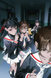  1boy 3girls absurdres bare_legs black_hair black_shirt black_shoes brown_eyes brown_hair cardcaptor_sakura ceiling_light clenched_hand collarbone commentary creature crossed_bangs daidouji_tomoyo dim_lighting double_bun english_commentary finger_to_mouth flashlight giggling green_eyes hair_bun hair_ribbon hairband hallway highres indoors kero_(cardcaptor_sakura) kinomoto_sakura li_meiling li_syaoran ling5707 loafers multiple_girls neckerchief pink_hairband pleated_skirt recording red_eyes red_ribbon ribbon sailor_collar scared school school_uniform shirt shoes shushing skirt socks tearing_up tomoeda_elementary_school_uniform twintails video_camera white_neckerchief white_skirt white_socks window 