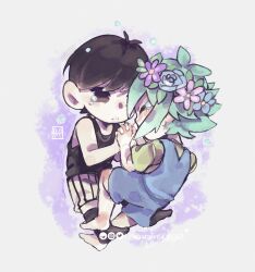  2boys antenna_hair artist_name barefoot basil_(headspace)_(omori) basil_(omori) black_socks black_tank_top blue_overalls chibi chibi_only closed_eyes flower flower_wreath green_hair green_shirt hair_between_eyes head_wreath highres holding_hands interlocked_fingers looking_at_another male_focus multiple_boys omori omori_(omori) overall_shorts overalls parted_lips sharpreria shirt short_sleeves shorts sidelocks socks striped_clothes striped_shorts t-shirt tank_top vertical-striped_clothes vertical-striped_shorts white_background white_shorts 