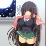  1girl black_thighhighs blazer blush breasts large_breasts long_hair moon necktie red_eyes scarf shuz_(dodidu) skirt smile solo stocking thick_thighs thighhighs translated very_long_hair window zettai_ryouiki 