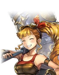  ^_^ another_eden another_eden_art_team blonde_hair blunt_bangs blush breasts clenched_teeth closed_eyes collarbone crop_top drill_hair drill_ponytail fingerless_gloves gloves goggles goggles_on_head hair_ribbon hammer holding holding_hammer holding_weapon huge_weapon long_hair looking_at_viewer lowres may_(another_eden) medium_breasts official_art over_shoulder red_ribbon ribbon sidelocks simple_background smile solo tachi-e tank_top teeth third-party_source transparent_background upper_body very_long_hair weapon weapon_over_shoulder 
