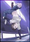  aerodog androgynous bend breakdance flexible handstand idolmaster inu_(aerodog) kikuchi_makoto midriff reverse_trap short_hair solo tomboy upside-down 