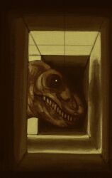  absurdres animal_focus backrooms_(creepypasta) dinosaur english_commentary highres indoors no_humans premiiu sepia shadow sharp_teeth teeth tyrannosaurus_rex 