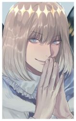  1boy bishounen blue_eyes bob_cut butterfly_wings closed_mouth commentary fate/grand_order fate_(series) fur_trim grey_hair insect_wings k29 looking_at_viewer male_focus oberon_(fate) oberon_(second_ascension)_(fate) own_hands_together portrait sideways_glance smile solo wings 