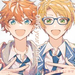  2boys akehoshi_subaru blonde_hair blue_eyes blue_necktie commentary english_text ensemble_stars! green_eyes hair_between_eyes kaji_sayaka_(chouchou387) lapels light_particles looking_at_viewer multiple_boys necktie open_mouth orange_hair portrait school_uniform short_hair simple_background smile straight-on white_background yumenosaki_school_uniform yuuki_makoto_(ensemble_stars!) 