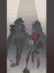  1boy 1girl absurdres artist_request blue_flower boots cape charon_(reverse:1999) chinese_commentary coat commentary_request commission cornflower covered_face flower full_body girls_frontline gloves greyscale hat highres holding holding_flower kar98k_(girls'_frontline) long_hair looking_at_another military_uniform monochrome on_stairs peaked_cap poppy_(flower) red_eyes red_flower reverse:1999 second-party_source sitting spot_color thigh_boots veil 