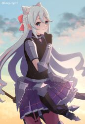  1boy androgynous artist_name black_shirt blue_eyes blue_hair blue_sky clothing_cutout clouds cone_hair_bun covered_navel diamond_cutout fire_emblem fire_emblem_engage hair_between_eyes hair_bun hand_on_own_chin highres kotoriya_kuguri long_hair looking_at_viewer male_focus outdoors pink_hair pink_thighhighs purple_skirt rosado_(fire_emblem) shirt skirt sky smile solo stroking_own_chin thigh-highs trap very_long_hair 