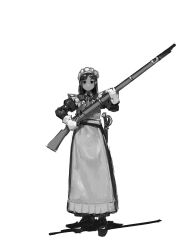 1girl absurdres armor bolt_action breastplate gun highres looking_at_viewer maid monochrome notfuji original rifle scabbard sheath sword weapon white_background 