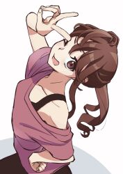  1girl 22/7 :d ;d arched_back brown_eyes brown_hair collarbone cowboy_shot from_above from_side hand_on_own_hip high_side_ponytail highres long_hair looking_at_viewer one_eye_closed open_mouth pink_shirt shirt short_sleeves side_ponytail single_off_shoulder smile solo toda_jun v white_background yuui227314 