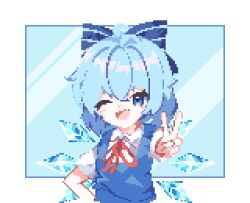  1girl :d ;d blue_bow blue_dress blue_eyes blue_hair bow cirno collared_shirt commentary detached_wings dotebox dress hair_between_eyes hair_bow highres ice ice_wings looking_at_viewer one_eye_closed open_mouth pinafore_dress pixel_art romaji_commentary shirt sleeveless sleeveless_dress smile solo touhou upper_body v white_shirt wings 