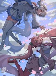  2girls absurdres bare_shoulders blue_eyes boots cherry_hair_ornament commentary falling_petals food-themed_hair_ornament hair_ornament hatsune_miku headset high_heel_boots high_heels highres huwarea_irsuto long_hair looking_at_another multiple_girls necktie open_mouth petals pink_boots pink_eyes pink_hair pink_necktie pink_skirt pleated_skirt sakura_miku scarf shirt skirt sleeveless sleeveless_shirt thigh_boots twintails very_long_hair vocaloid white_boots white_skirt wide_sleeves winter_clothes 