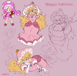  2girls artist_name blonde_hair blush character_name crown dress earrings gold_crown gown heart heart_necklace jewelry long_hair multiple_girls multiple_views mushroom_hat necklace pink_dress pointed_crown princess_peach sheepiu sketch sphere_earrings super_mario_bros. toad_(mario) toadette 