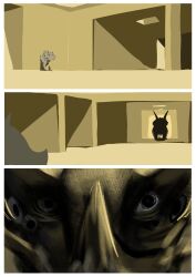  absurdres animal_focus backrooms_(creepypasta) black_eyes close-up dinosaur extra_eyes highres indoors looking_at_viewer no_humans still_life_(backrooms) triceratops yowhza 