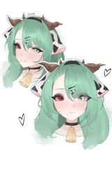  1girl animal_ears black_hairband colored_sclera commentary cow_ears cow_girl cow_horns crelly crelly_(crelly_3.0) green_hair grey_sclera hairband heart heterochromia highres horns indie_virtual_youtuber long_hair mole mole_under_mouth multiple_views red_eyes simidzu_simimi smile untranslatable_commentary virtual_youtuber white_background 