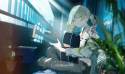  1girl bare_shoulders black_pants blonde_hair blurry blurry_foreground braid braided_twintails cactus commentary commission door grey_jacket highres indie_utaite jacket light_rays long_hair long_sleeves looking_at_viewer off_shoulder on_floor pants plant potted_plant railing shiomi_(lowrise) shirt shoes sitting skeb_commission sleeveless sleeveless_shirt solo spaghetti_strap torn_clothes torn_pants twin_braids twintails white_shirt white_shoes yellow_eyes 