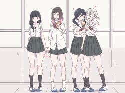  4girls :d ankle_socks arm_at_side arms_at_sides bare_legs black_hair black_skirt black_socks blue_eyes blush bow bowtie braid brown_hair cellphone closed_eyes closed_mouth collared_shirt colored_tips commentary_request couple cup disposable_cup dot_mouth dot_nose drinking drinking_straw drinking_straw_in_mouth facing_another feeding full_body gradient_hair hand_on_another's_arm hand_up highres holding holding_cup holding_hands holding_phone indoors long_hair looking_at_viewer matching_hairstyle miniskirt miyao385 multicolored_hair multiple_girls nose_blush open_mouth orange_eyes original phone pigeon-toed pleated_skirt red_bow red_bowtie school_uniform shirt shoes short_sleeves side_braid skirt smartphone smile socks standing straight_hair three-quarter_sleeves twintails uwabaki white_shirt white_shoes window yuri 