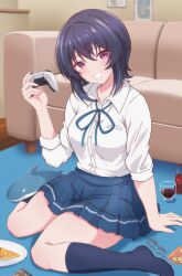  1girl absurdres artist_name asanagi_umi black_hair black_socks blue_ribbon blue_skirt chips_(food) class_de_2-banme_ni_kawaii_onnanoko_to_tomodachi_ni_natta cola collared_shirt controller food glasses grin highres holding holding_controller ken-pai_(kenpai_arts) kneehighs looking_at_viewer medium_hair pizza pizza_slice plate pleated_skirt potato_chips red_eyes ribbon school_uniform shirt sitting skirt sleeves_rolled_up smile socks stuffed_animal stuffed_toy teeth wariza white_shirt 