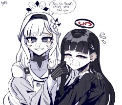  2girls absurdres black_gloves black_hairband black_halo black_jacket blue_archive blush cheek_pinching closed_eyes english_text flower gloves grey_eyes hair_flower hair_ornament hair_tubes hairband halo hand_on_another's_shoulder highres himari_(blue_archive) jacket kumori0_(cloudy) looking_at_viewer mechanical_halo millennium_science_school_logo multicolored_halo multiple_girls pinching pointy_ears red_halo rio_(blue_archive) simple_background speech_bubble sweater turtleneck turtleneck_sweater two-tone_halo white_background white_halo white_jacket white_sweater yuri 