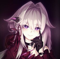  1girl black_gloves cape closed_mouth commentary_request gloves hair_between_eyes hair_intakes highres honkai_(series) honkai_impact_3rd jfifwebp korean_commentary long_hair looking_at_viewer red_cape sidelocks smile solo thelema_nutriscu thelema_nutriscu_(mad_pleasure:_shadowbringer) upper_body very_long_hair violet_eyes 