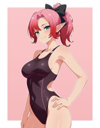  1girl absurdres black_bow black_one-piece_swimsuit blue_eyes border bow breasts closed_mouth guilegaze hands_on_own_hips highres medium_breasts one-piece_swimsuit pink_background pink_hair pointy_ears ponytail protagonist_(xenoblade_genesis) smile swimsuit white_border xenoblade_chronicles_(series) xenoblade_genesis 